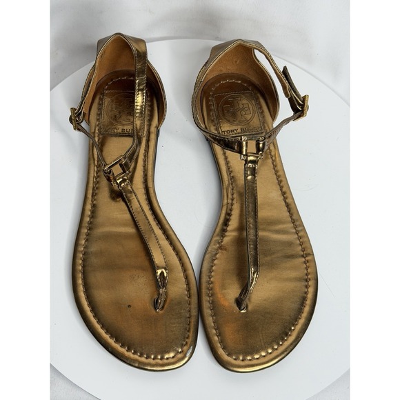 Tory Burch Shoes - Tory Burch Metallic‎ Leather T Strap Thong Sandals US 7.5 Gold Logo Flats